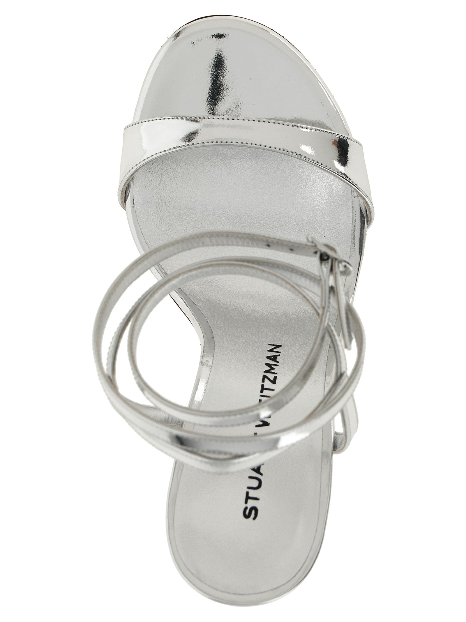 Stiletto Ankle Strap Sandals by Stuart Weitzman for women in polyethylene polyurethane leather silver features an exquisite silhouette, showcasing the exquisite Women's Polyethylene Polyurethane Leather Stiletto Ankle Strap Sandals with a stiletto and .