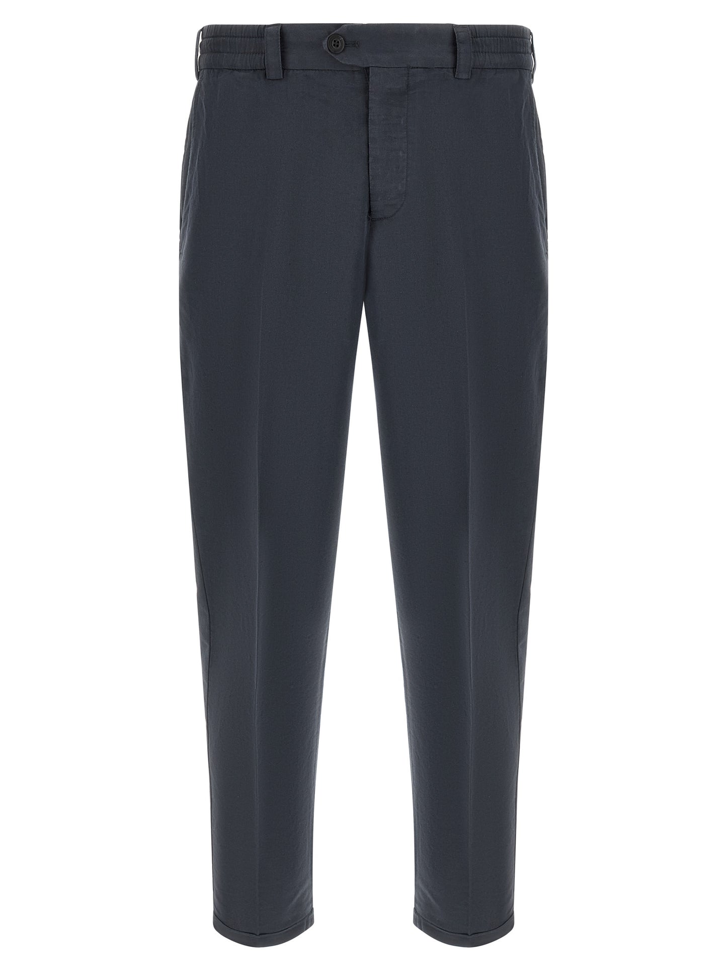 Trousers by PT Torino for men in linen & cotton blue features a sculptural silhouette, showcasing a sculptural and long with a sophisticated low rise for a sculptural finish.