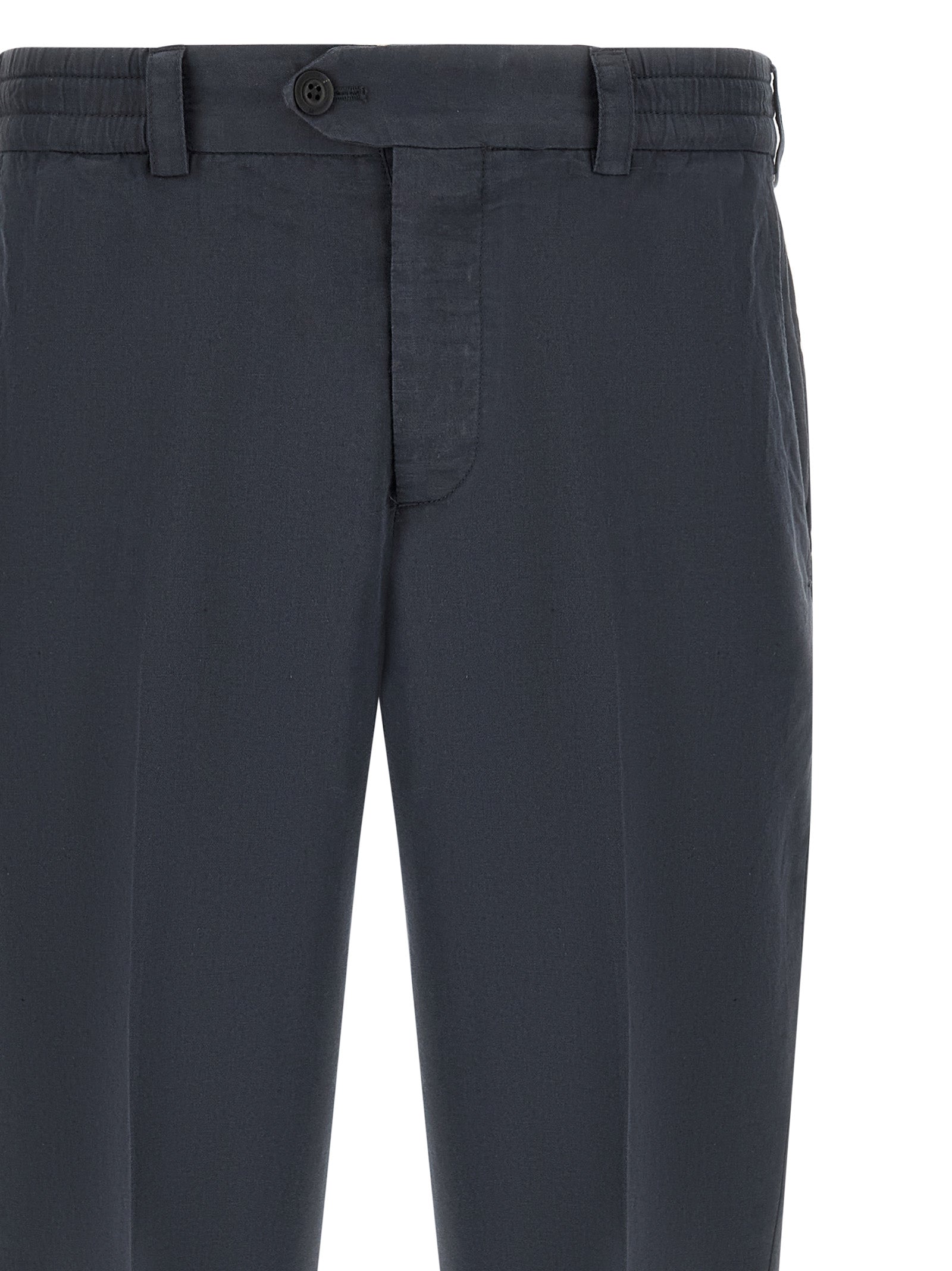 Trousers by PT Torino for men in linen & cotton blue features an on trend silhouette, showcasing a sophisticated with a long and low rise for an on trend finish.