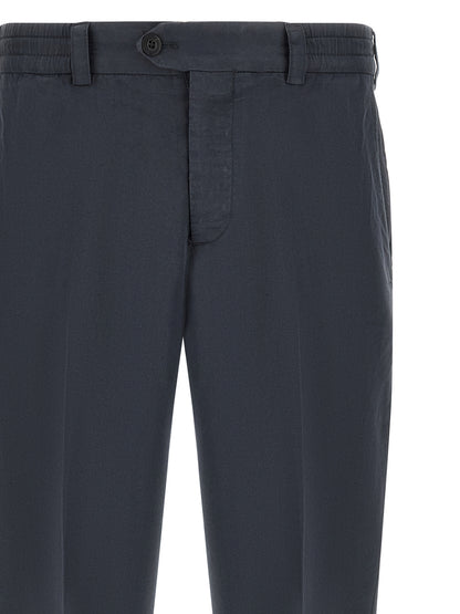 Trousers by PT Torino for men in linen & cotton blue features an on trend silhouette, showcasing a sophisticated with a long and low rise for an on trend finish.