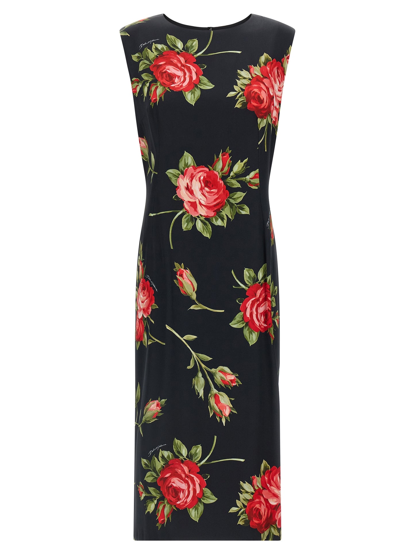 Dress by Dolce & Gabbana for women in viscose satin black, rose & print features an sultry silhouette defined by a crew neckline and , falling to an sultry midi for a sultry look.