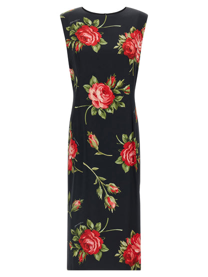 Dress by Dolce & Gabbana for women in viscose satin black, rose & print features an sultry silhouette defined by a crew neckline and , falling to an sultry midi for a sultry look.