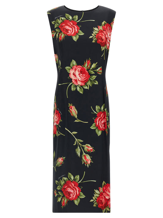 Dress by Dolce & Gabbana for women in viscose satin black, rose & print features an sultry silhouette defined by a crew neckline and , falling to an sultry midi for a sultry look.