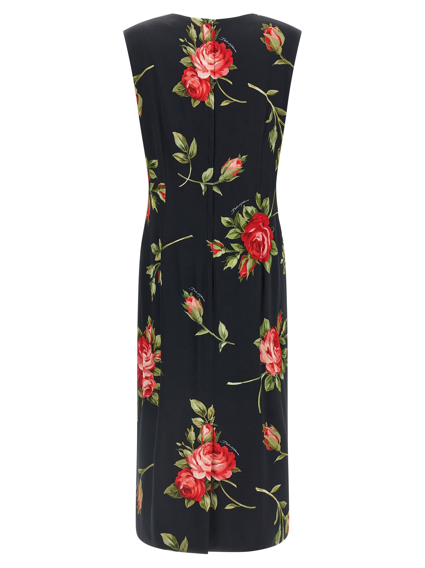 Dress by Dolce & Gabbana for women in viscose satin black, rose & print presents a sinuous silhouette, showcasing a sophisticated crew neckline and detailed with a sinuous midi for a refined finish.