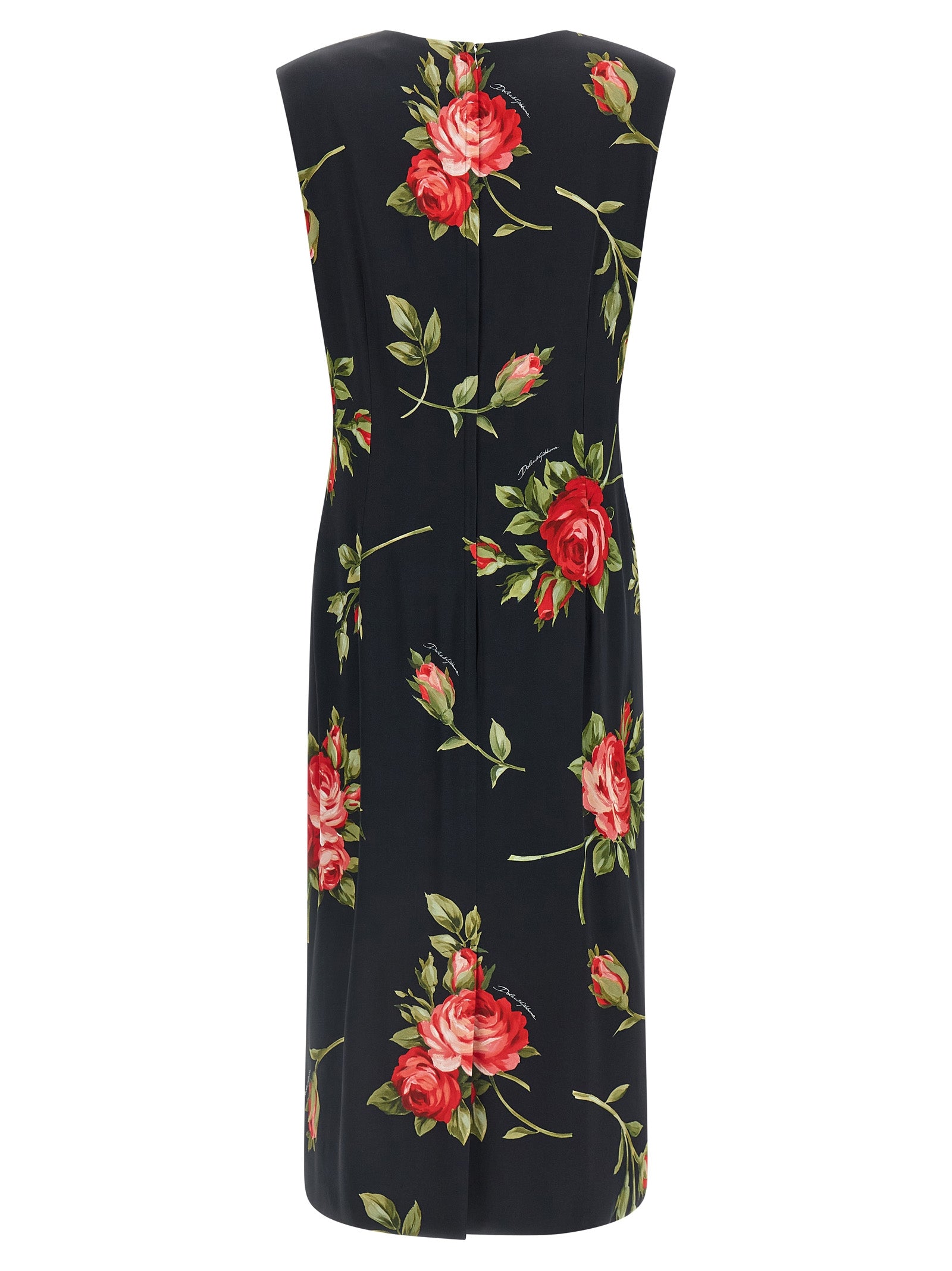 Dress by Dolce & Gabbana for women in viscose satin black, rose & print presents a sinuous silhouette, showcasing a sophisticated crew neckline and detailed with a sinuous midi for a refined finish.