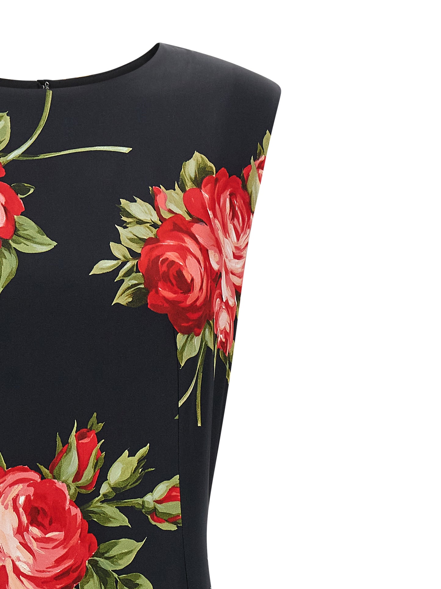 Dress by Dolce & Gabbana for women in viscose satin black, rose & print showcases a striking silhouette, elegantly detailed with a , refined crew neckline, and a striking midi for a striking finish.