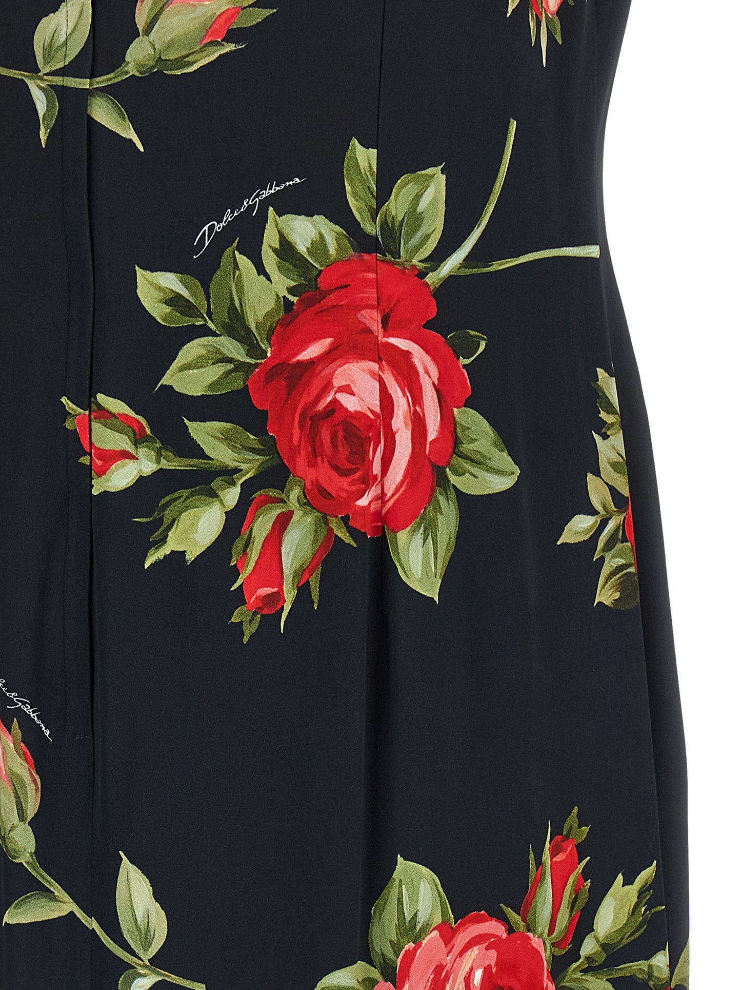Dress by Dolce & Gabbana for women in viscose satin black, rose & print features an eye catching silhouette with a sophisticated , elegant , and a refined midi for a eye catching aesthetic.