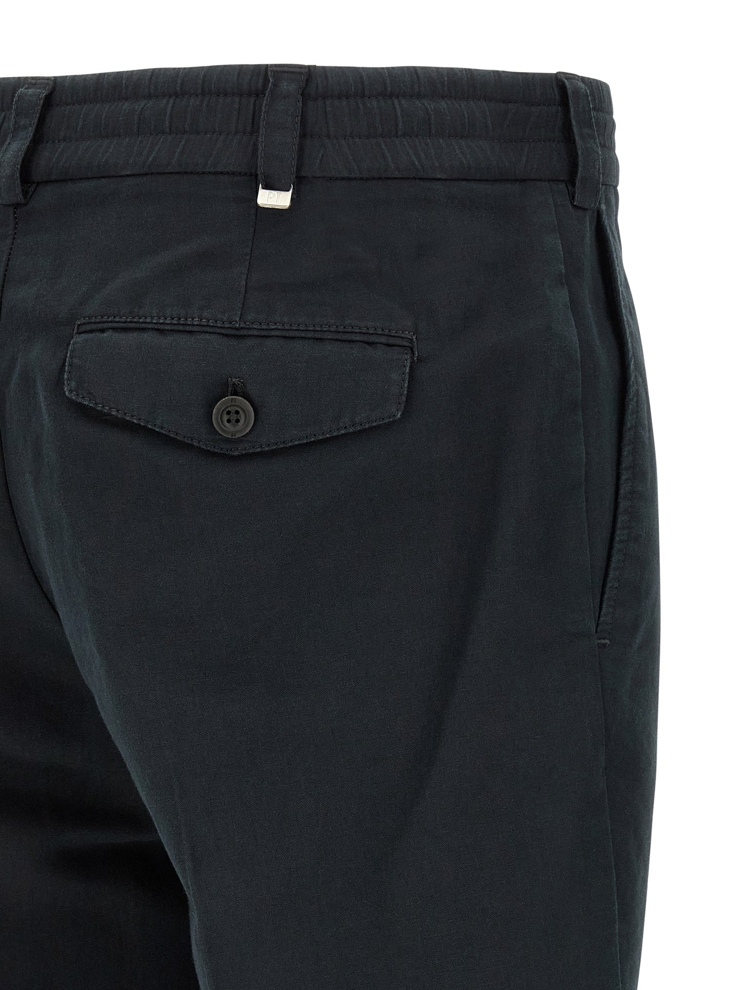 Trousers by PT Torino for men in linen & cotton black features a artisanal silhouette, showcasing a sophisticated with a long and low rise for a artisanal finish.