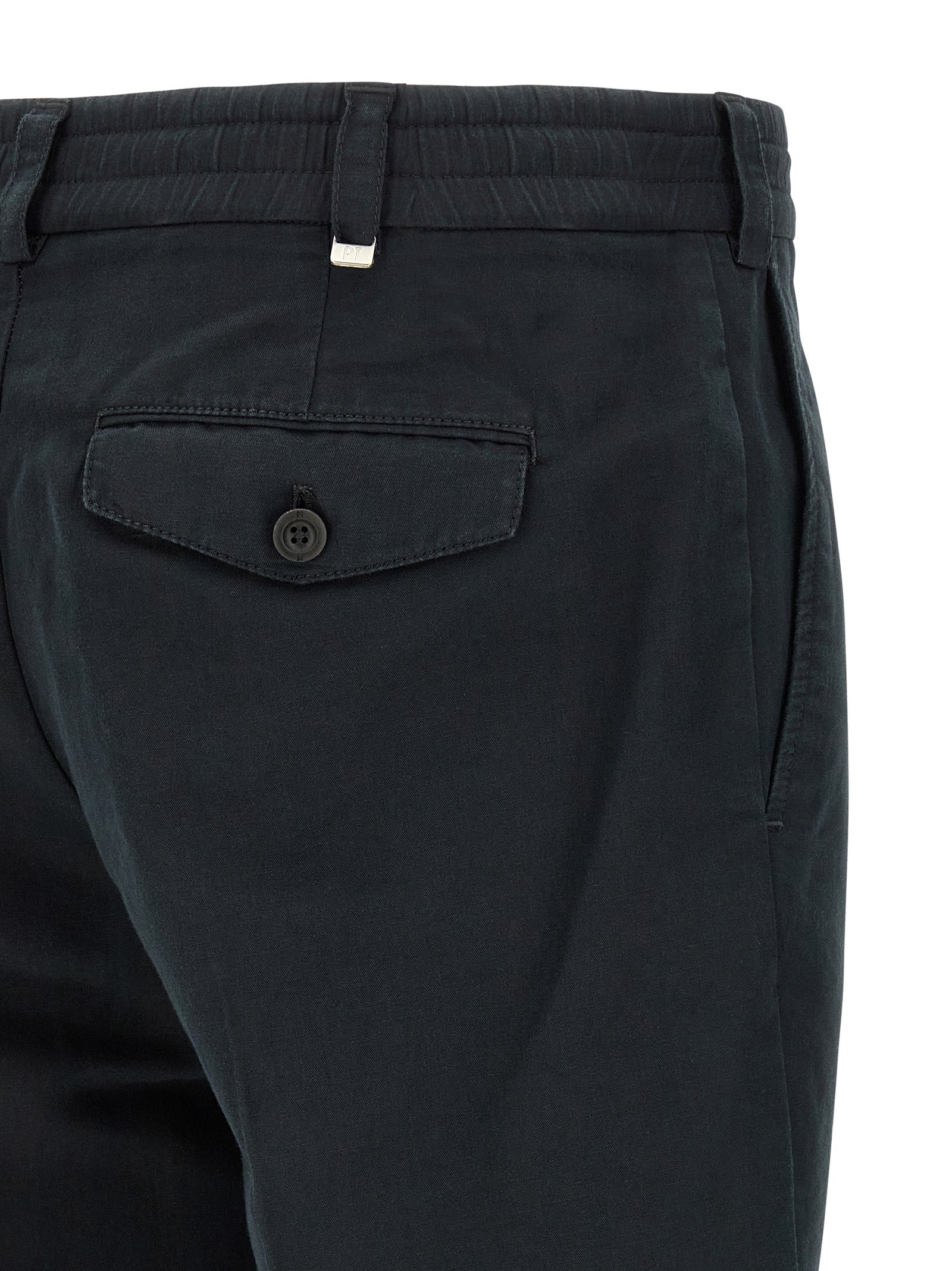 Trousers by PT Torino for men in linen & cotton black features a artisanal silhouette, showcasing a sophisticated with a long and low rise for a artisanal finish.