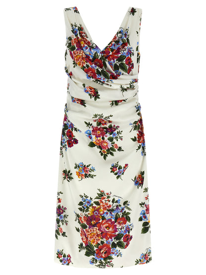Dolce & Gabbana Women's Sleeveless V Neck Silk Viscose Satin Dress - White Print