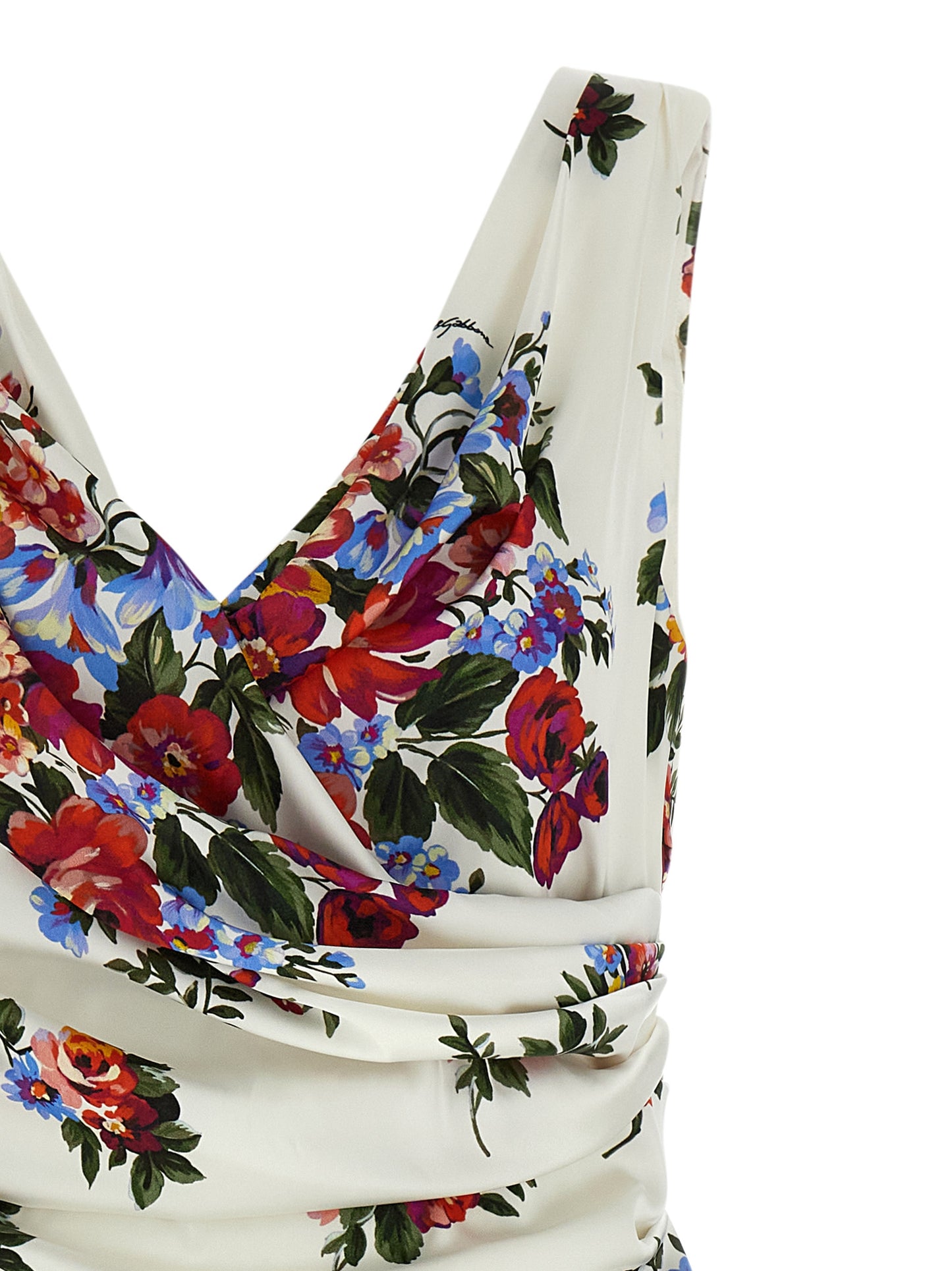 Dolce & Gabbana Women's Sleeveless V Neck Silk Viscose Satin Dress - White Print
