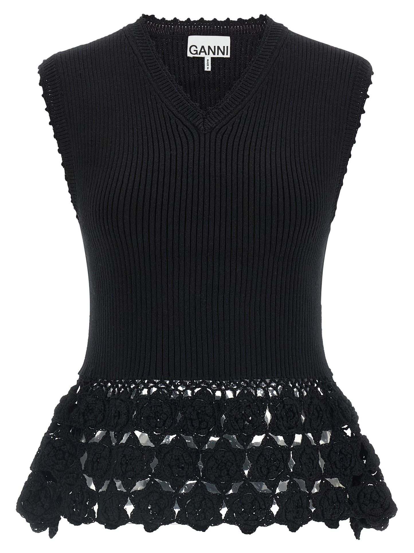 Vest by Ganni for women in organic cotton & polyamide black features a enviable silhouette, elegantly detailed with a enviable v-neck neckline and functional for a enviable finish.