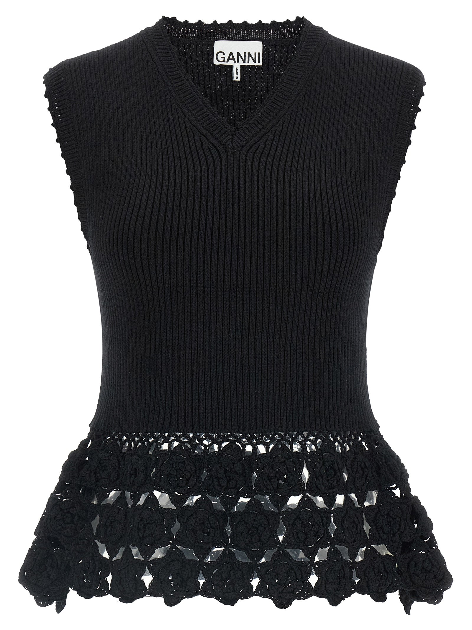 Vest by Ganni for women in organic cotton & polyamide black features a enviable silhouette, elegantly detailed with a enviable v-neck neckline and functional for a enviable finish.