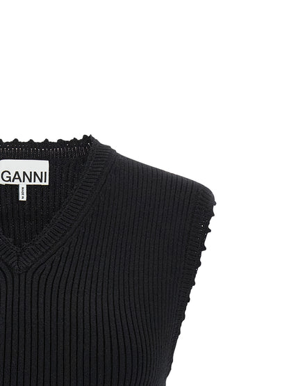 Vest by Ganni for women in organic cotton & polyamide black showcases a utilitarian silhouette, artfully incorporating and a utilitarian v-neck neckline for a truly utilitarian finish.