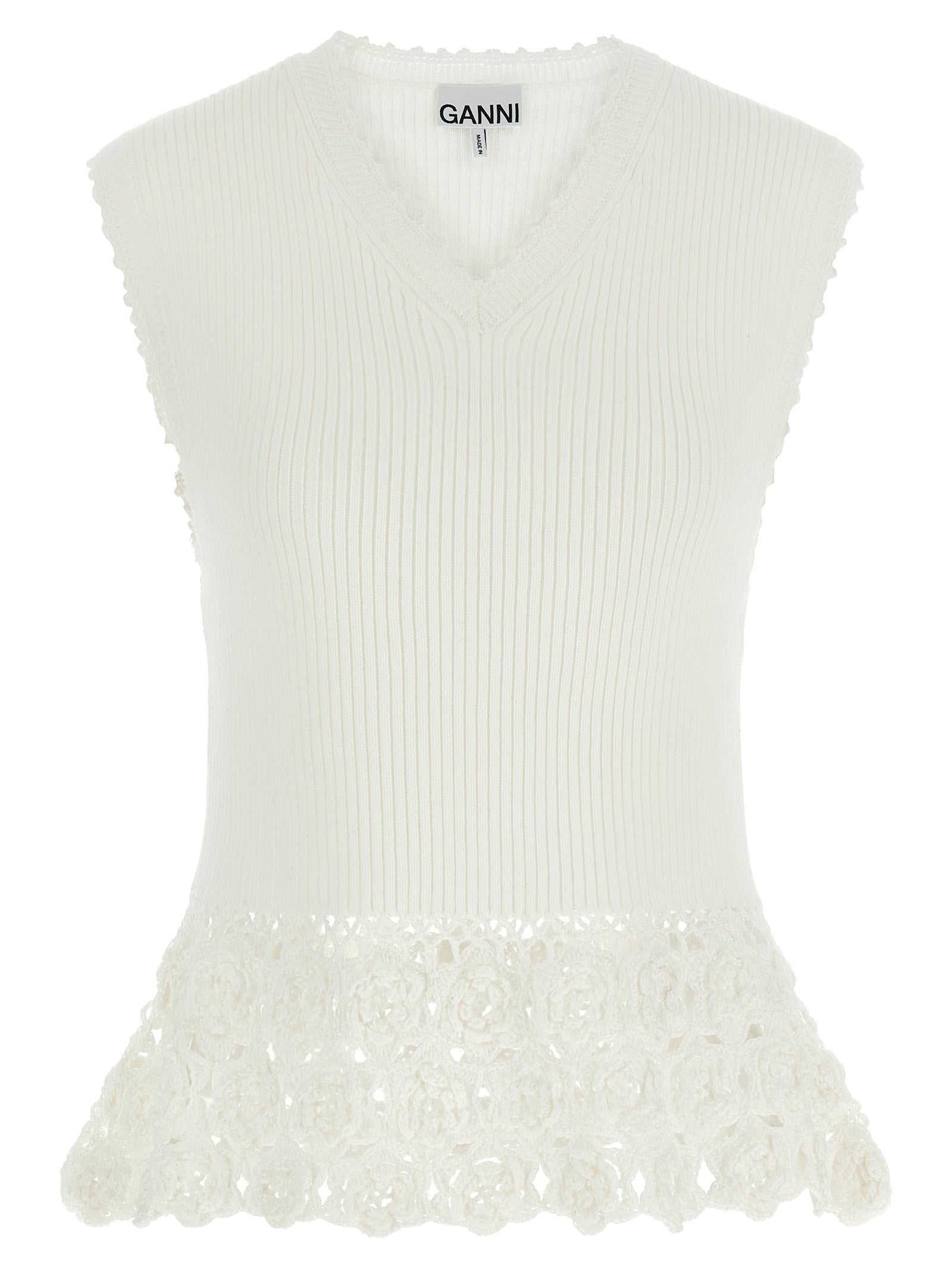 Vest by Ganni for women in organic cotton & polyamide white features an on trend silhouette, showcasing a sophisticated v-neck neckline and premium for a truly on trend finish.