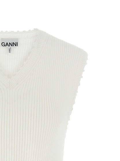 Vest by Ganni for women in organic cotton & polyamide white showcases a utilitarian silhouette, artfully incorporating and a utilitarian v-neck neckline for a truly utilitarian finish.