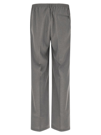Trousers by CELLAR DOOR for men in stretch polyester & viscose gray features an on trend silhouette, showcasing a sophisticated straight-leg with a long and for an on trend finish.