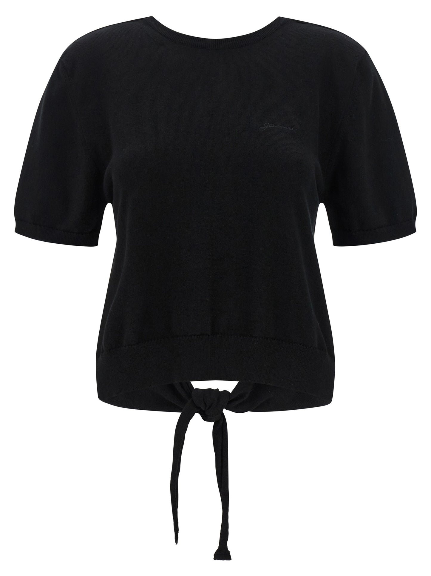 Cardigan by Ganni for women in organic cotton black showcases a luxurious silhouette, meticulously detailed with a sophisticated and short-sleeve for a refined finish.