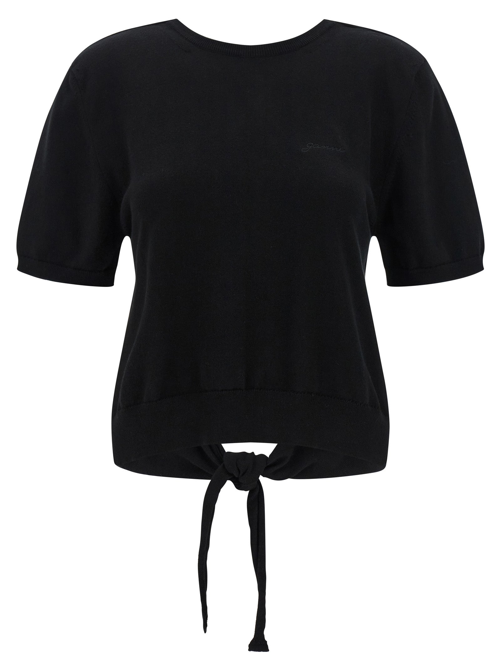 Cardigan by Ganni for women in organic cotton black showcases a luxurious silhouette, meticulously detailed with a sophisticated and short-sleeve for a refined finish.