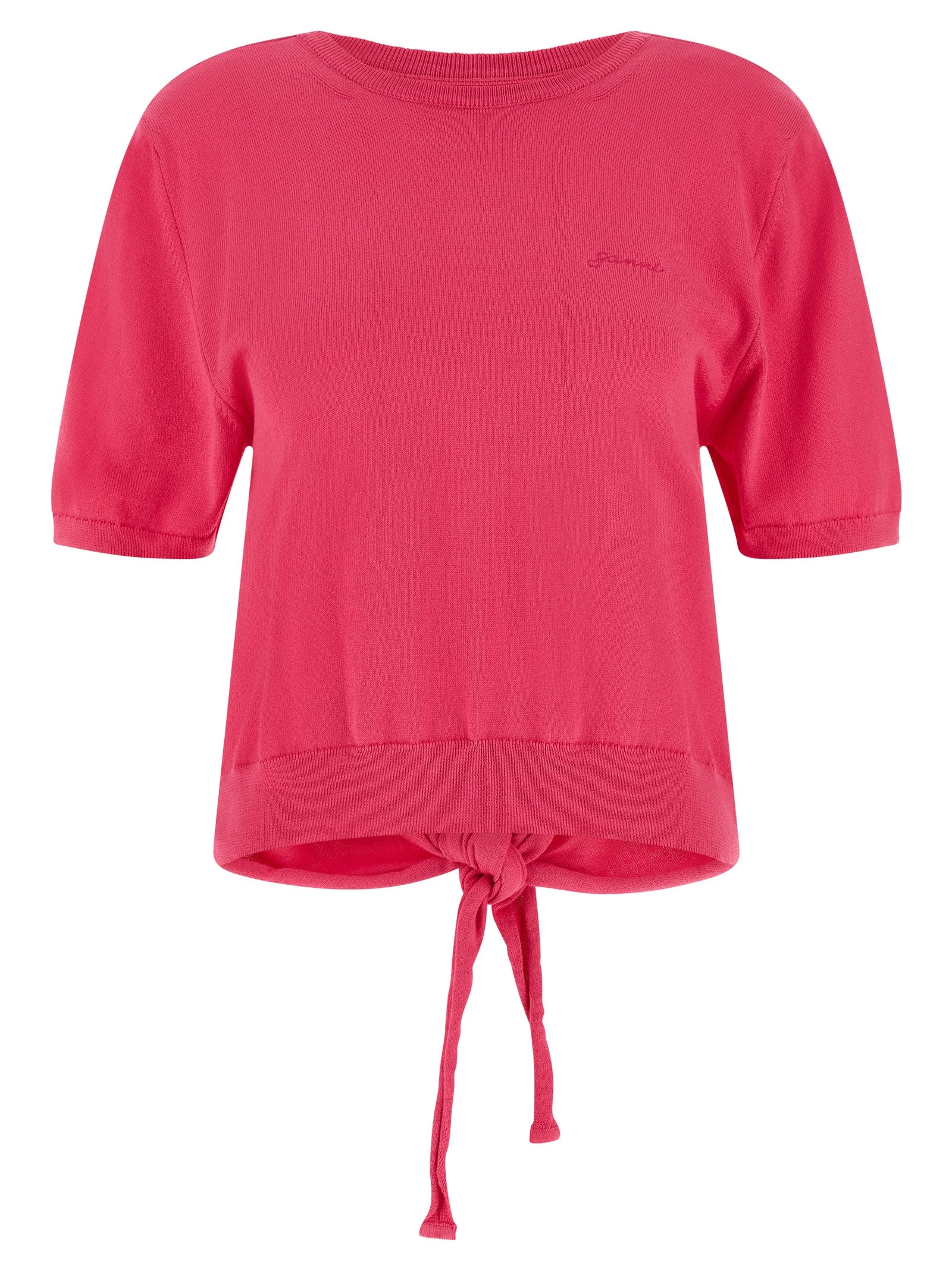 Cardigan by Ganni for women in organic cotton fuchsia features a nuanced silhouette with a refined round neckline and nuanced short-sleeve detailing for a sophisticated look.