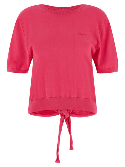 Cardigan by Ganni for women in organic cotton fuchsia features a nuanced silhouette with a refined round neckline and nuanced short-sleeve detailing for a sophisticated look.