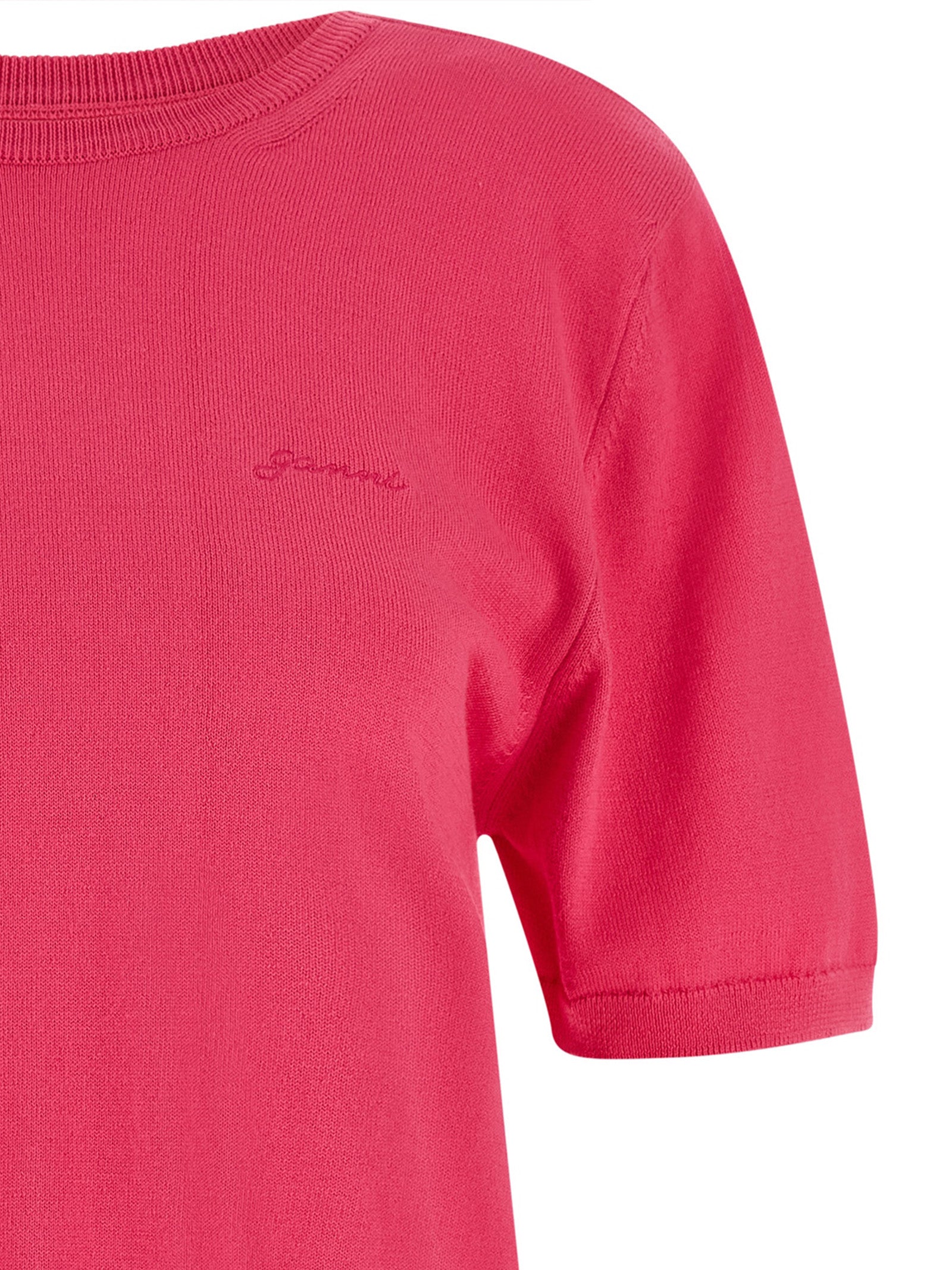 Cardigan by Ganni for women in organic cotton fuchsia features a dramatic silhouette, showcasing a sophisticated round neckline and dramatic detail for a timeless, premium look.