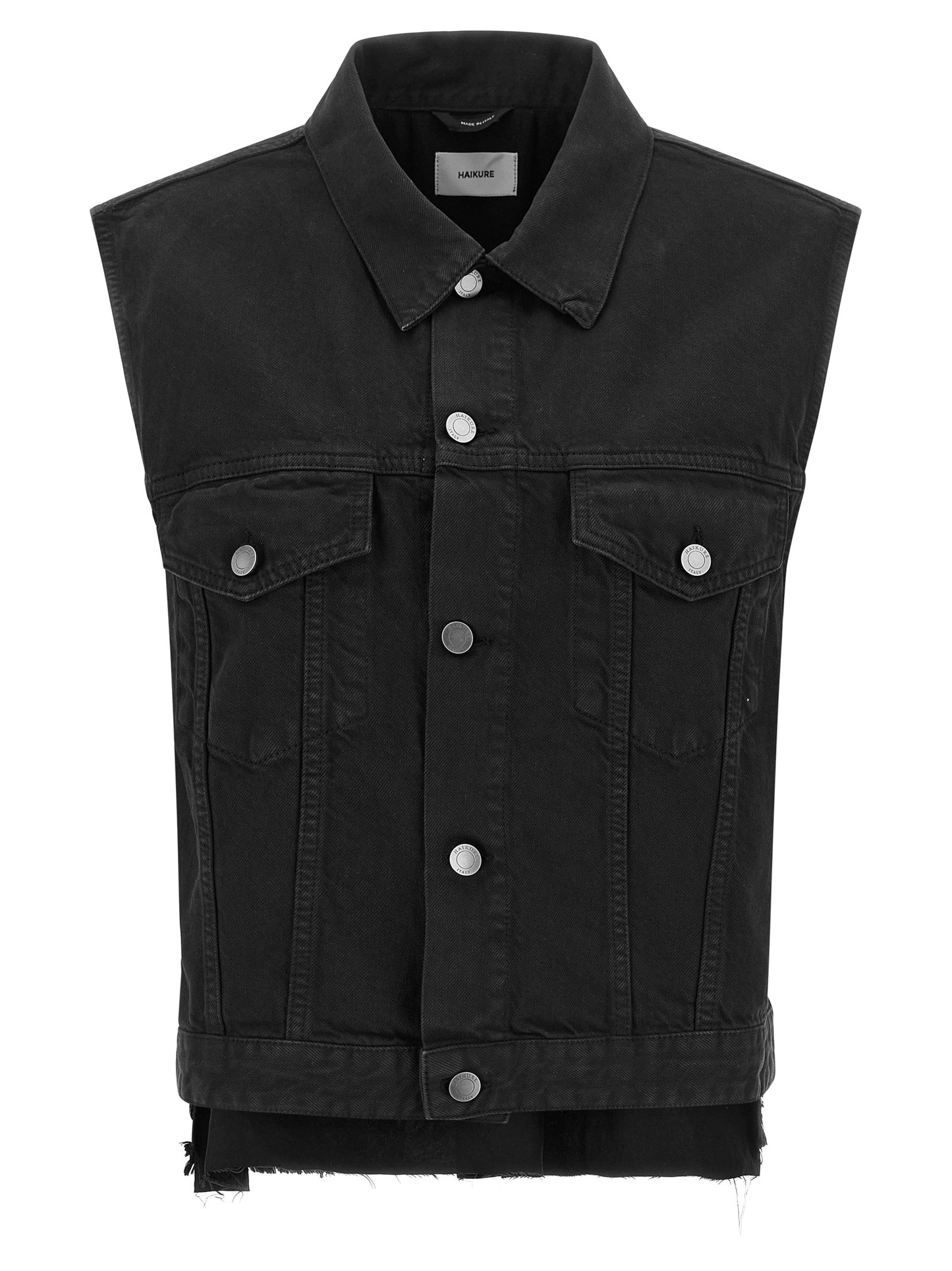 Vest by Haikure for women in satin denim cotton & leather black features a chic silhouette, expertly detailed with a refined shirt-collar neckline and premium pockets for a truly chic look.