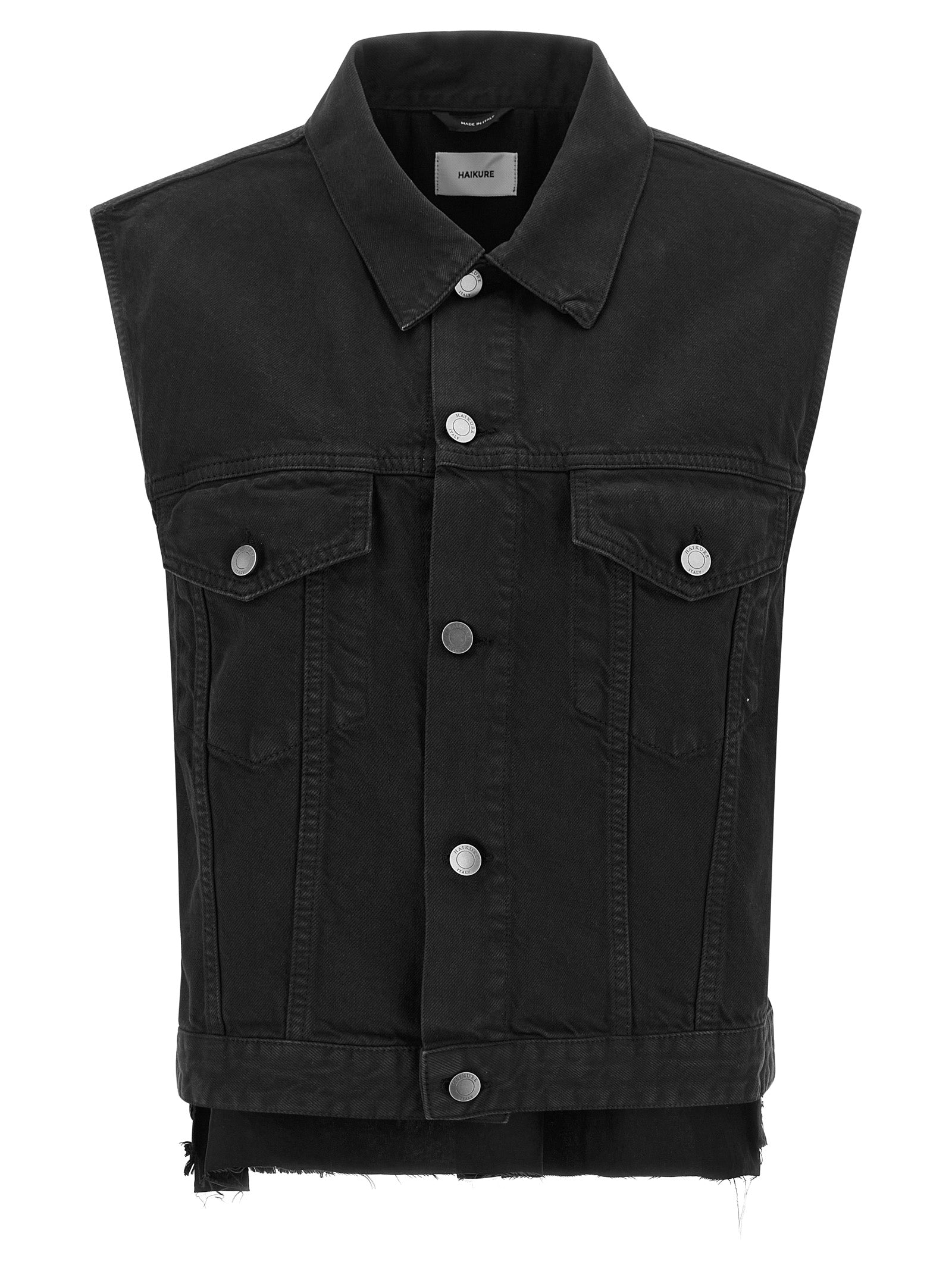 Vest by Haikure for women in satin denim cotton & leather black features a chic silhouette, expertly detailed with a refined shirt-collar neckline and premium pockets for a truly chic look.