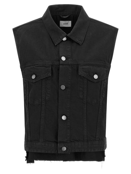 Vest by Haikure for women in satin denim cotton & leather black features a chic silhouette, expertly detailed with a refined shirt-collar neckline and premium pockets for a truly chic look.