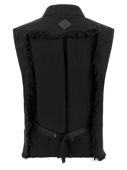 Vest by Haikure for women in satin denim cotton & leather black features an on trend silhouette, showcasing a sophisticated shirt-collar neckline and premium pockets for a truly on trend finish.