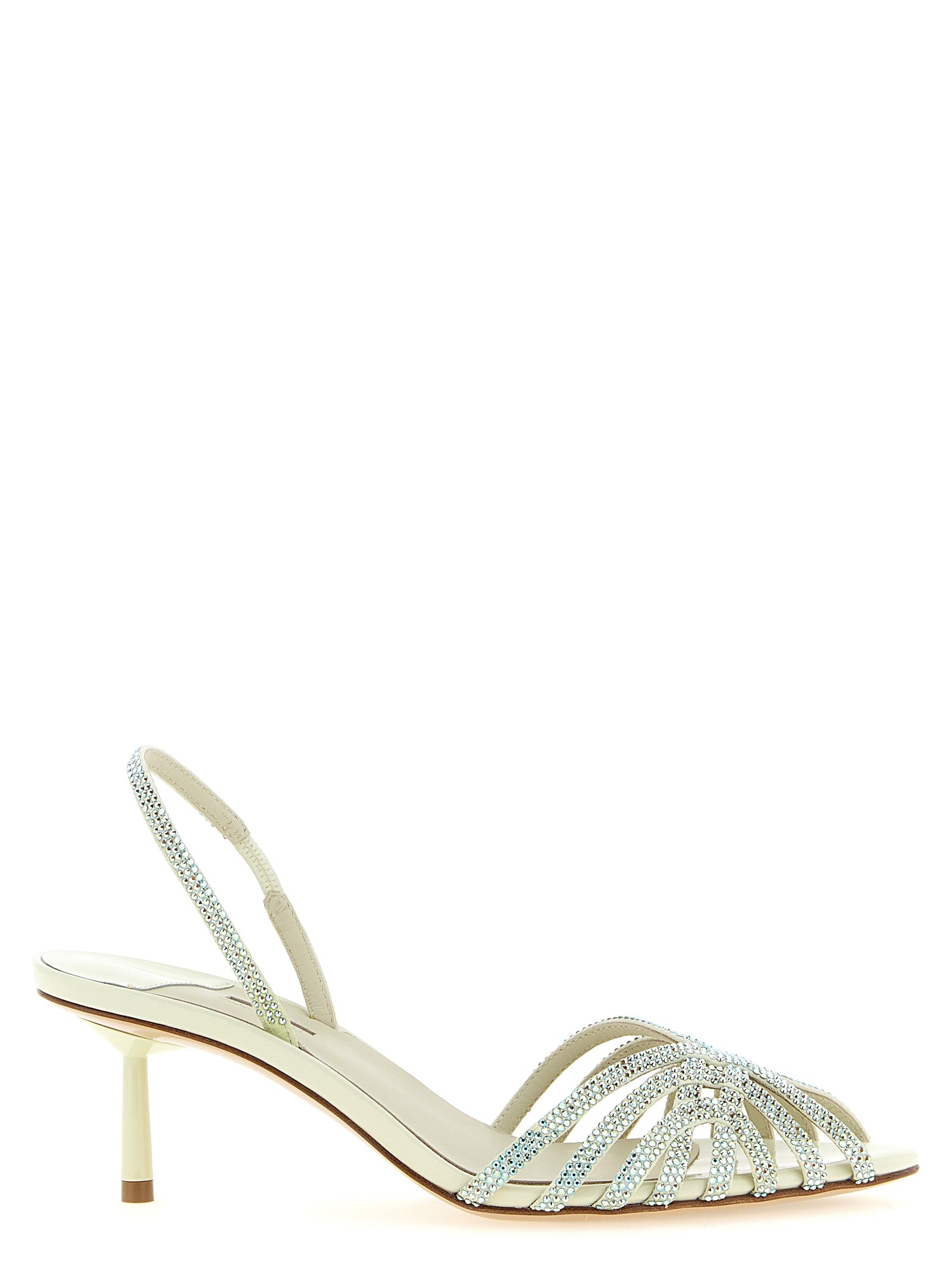 Stiletto Sandals by LE SILLA for women in goatskin leather & rhinestone bicolour & green presents a sculptural silhouette, showcasing the Women's Goatskin Leather & Rhinestone Stiletto Sandals design with a sculptural stiletto and pointed toe style for a premium look.