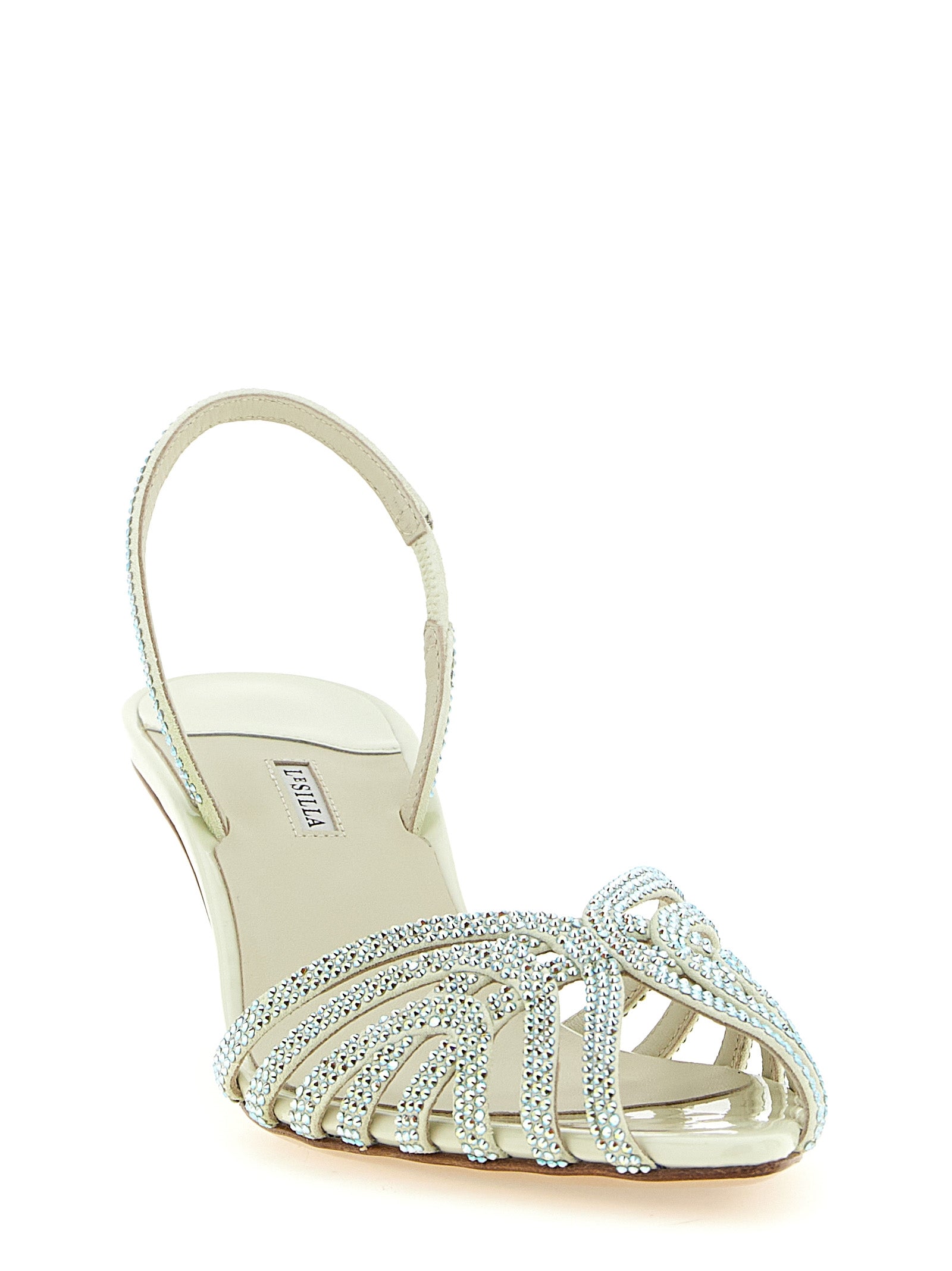 Stiletto Sandals by LE SILLA for women in goatskin leather & rhinestone and bicolour & green presents a captivating silhouette, showcasing the signature style of the Women's Goatskin Leather & Rhinestone Stiletto Sandals with a captivating stiletto and captivating pointed toe style.