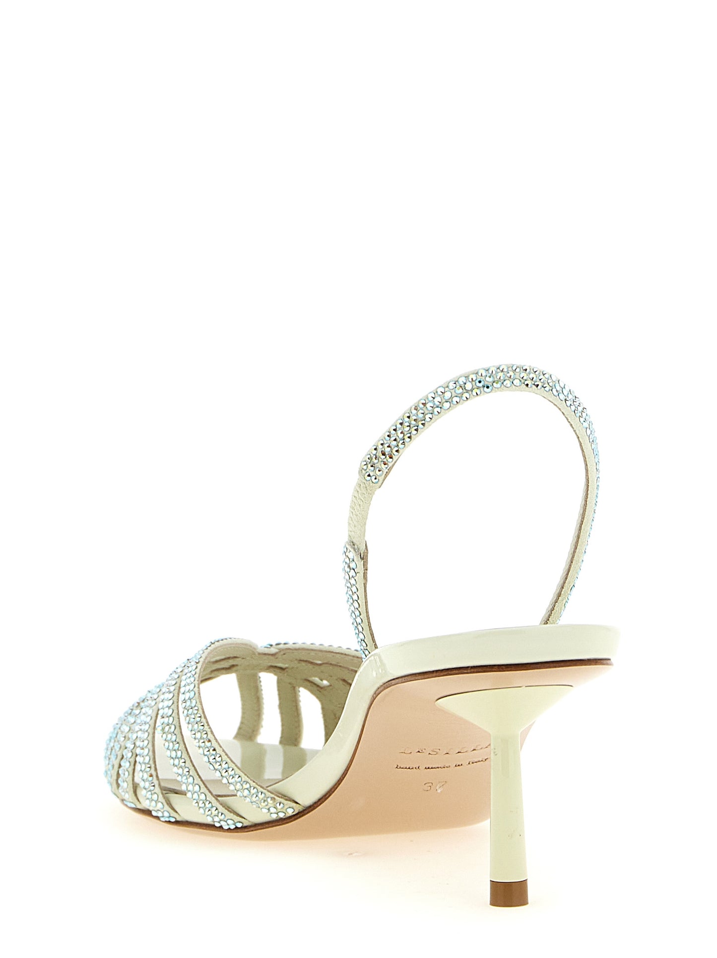 Stiletto Sandals by LE SILLA for women in goatskin leather & rhinestone bicolour & green features an exquisite silhouette, showcasing the exquisite Women's Goatskin Leather & Rhinestone Stiletto Sandals with a stiletto and pointed toe style.