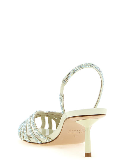 Stiletto Sandals by LE SILLA for women in goatskin leather & rhinestone bicolour & green features an exquisite silhouette, showcasing the exquisite Women's Goatskin Leather & Rhinestone Stiletto Sandals with a stiletto and pointed toe style.