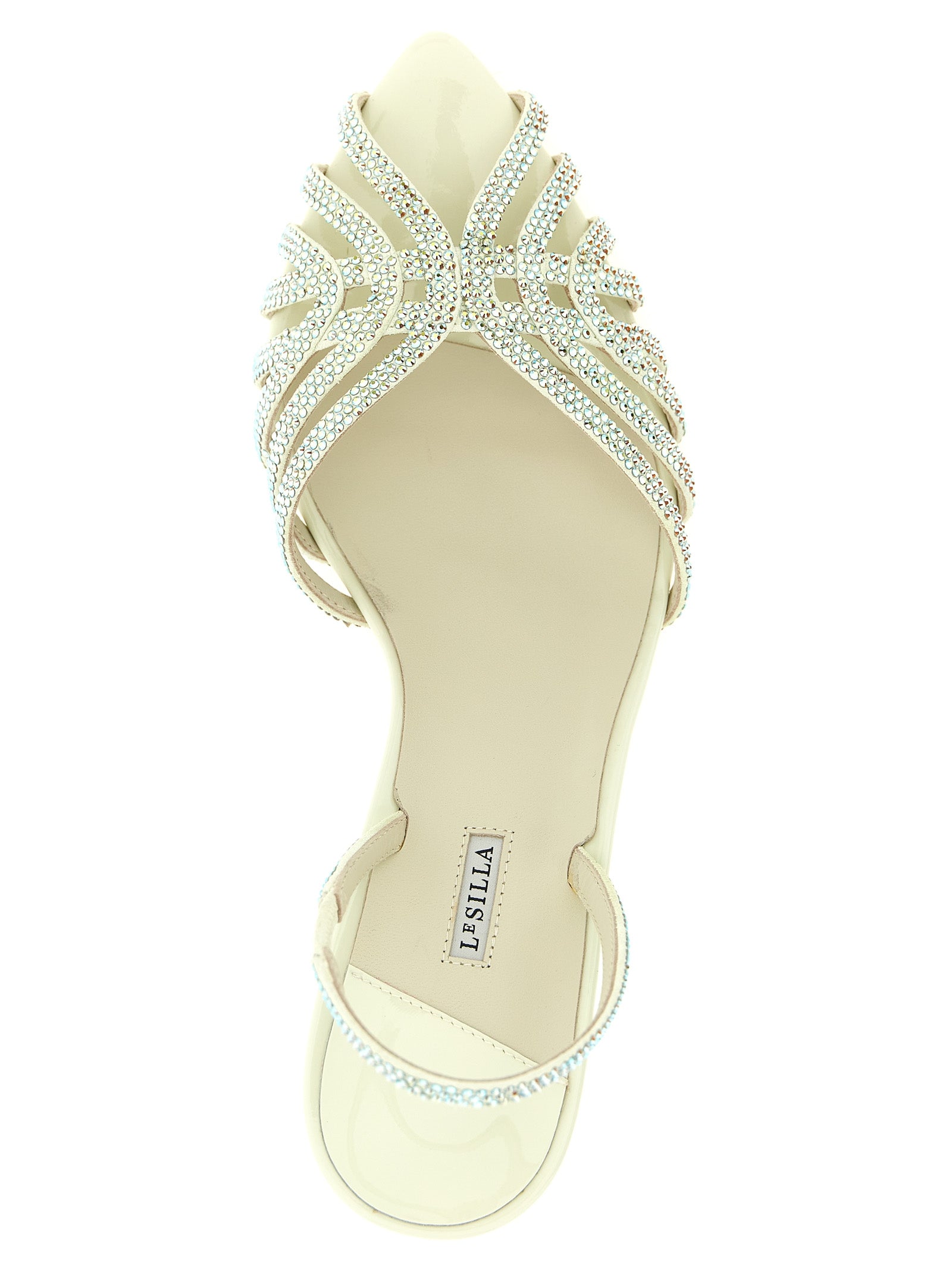 Stiletto Sandals by LE SILLA for women in goatskin leather & rhinestone bicolour & green features an architectural design from the Women's Goatskin Leather & Rhinestone Stiletto Sandals collection, defined by a architectural stiletto and pointed toe style for a architectural finish.