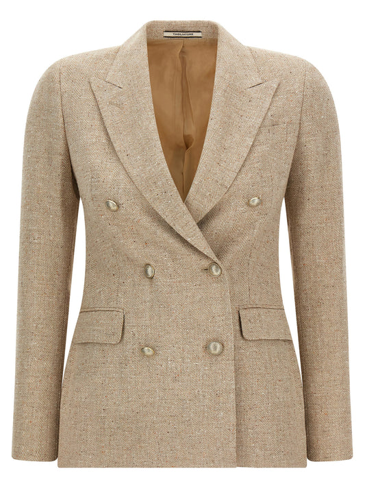 Blazer by Tagliatore for women in cotton virgin wool & cupro beige & chevron features an stylish silhouette, showcasing a sophisticated double-breasted neckline and stylish for a truly stylish finish.
