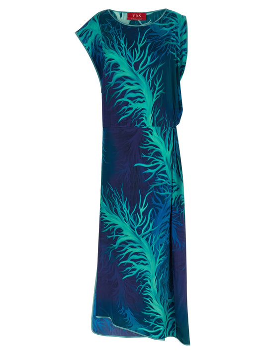 Dress by F.R.S. - FOR RESTLESS SLEEPERS for women in viscose silk satin blue & print showcases a striking silhouette, elegantly detailed with a sleeveless, refined split neckline, and a striking long for a striking finish.