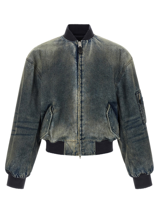 Bomber Jacket by Balenciaga for men in silk polyester & denim cotton gray features an contemporary silhouette, showcasing a sophisticated high-neck neckline and contemporary pockets & insulated for a truly refined look.