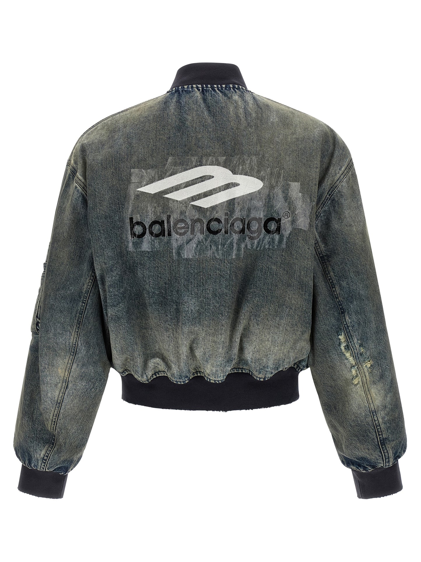 This Bomber Jacket by Balenciaga for men in silk polyester & denim cotton gray exhibits a edgy silhouette, meticulously detailed with functional pockets & insulated and a edgy high-neck neckline for a edgy finish.