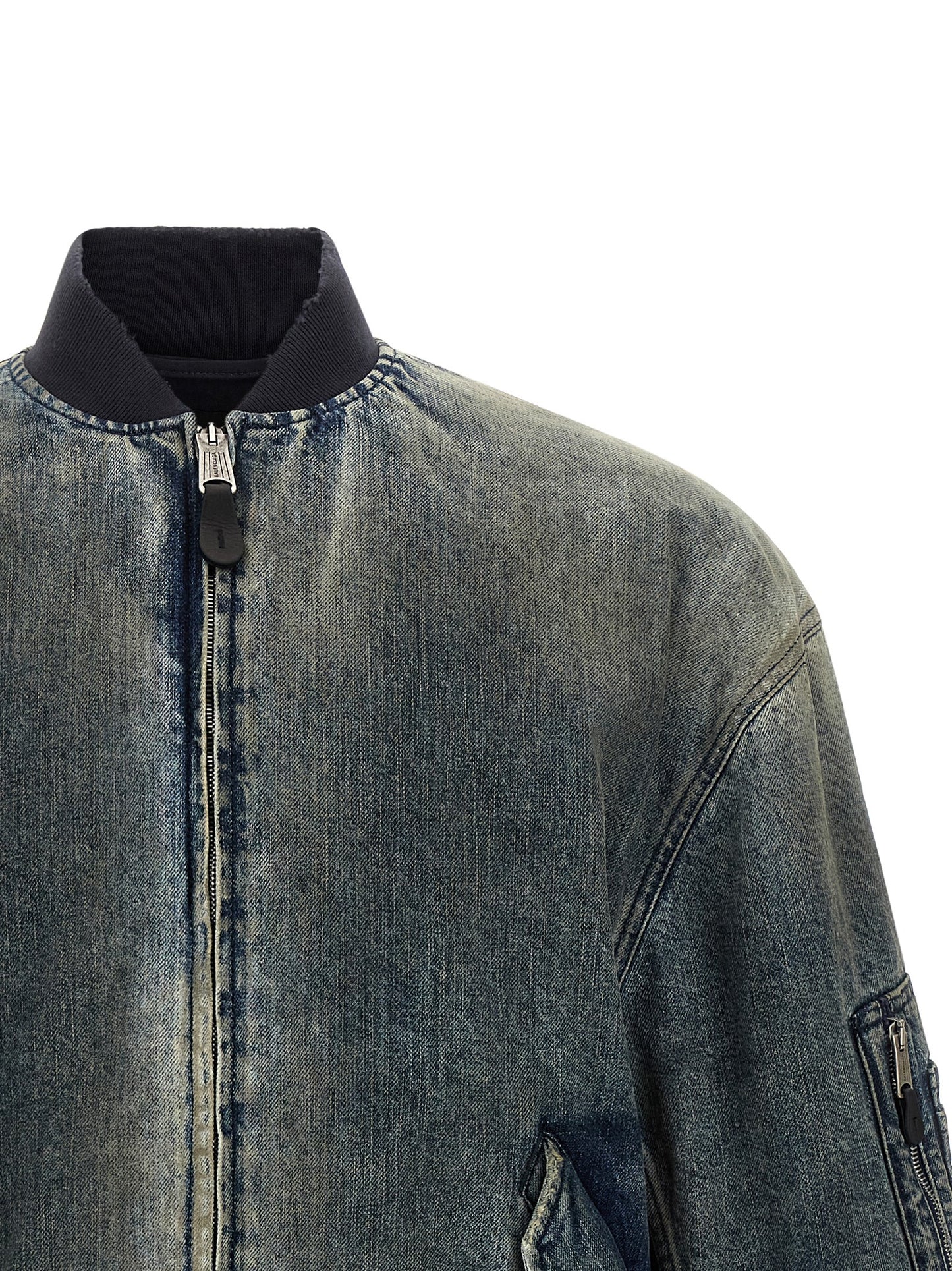 Bomber Jacket by Balenciaga for men in silk polyester & denim cotton gray features an on trend silhouette, showcasing refined pockets & insulated and a sophisticated high-neck neckline for a truly on trend finish.