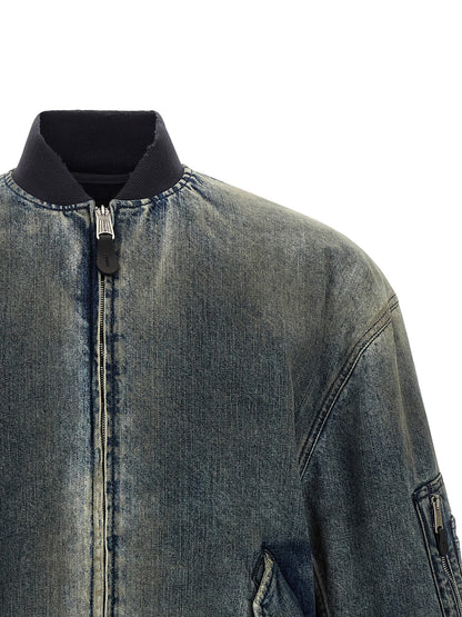 Bomber Jacket by Balenciaga for men in silk polyester & denim cotton gray features an on trend silhouette, showcasing refined pockets & insulated and a sophisticated high-neck neckline for a truly on trend finish.