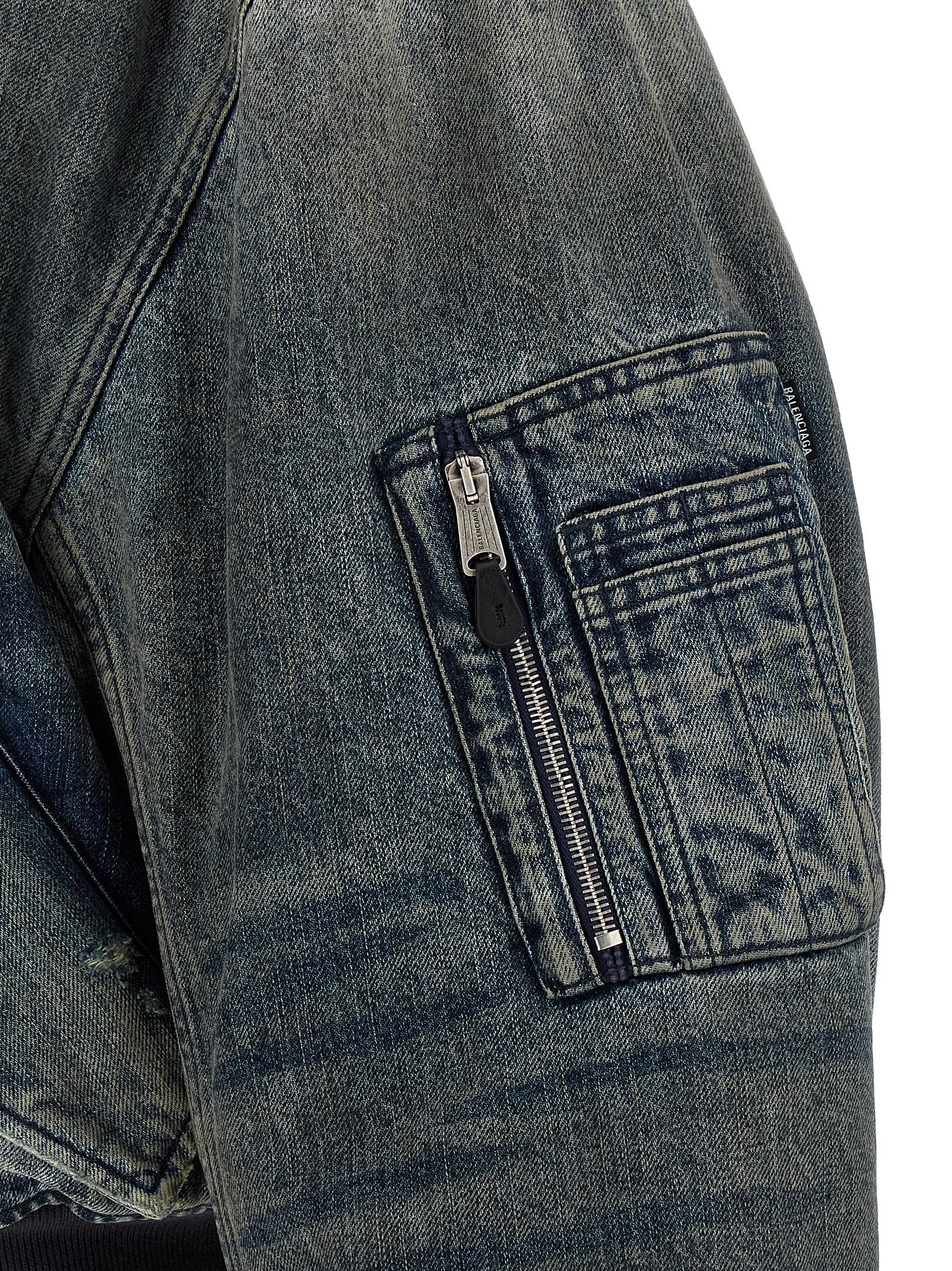 Bomber Jacket by Balenciaga for men in silk polyester & denim cotton gray presents a effortlessly chic silhouette, showcasing a sophisticated and premium pockets & insulated for a truly effortlessly chic finish.