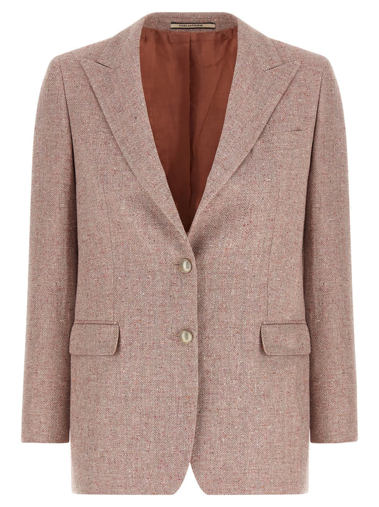 Blazer by Tagliatore for women in viscose cotton & virgin wool multicolor & pink showcases a discerning silhouette, elegantly detailed with a sophisticated split single-breasted neckline and premium for a truly discerning finish.