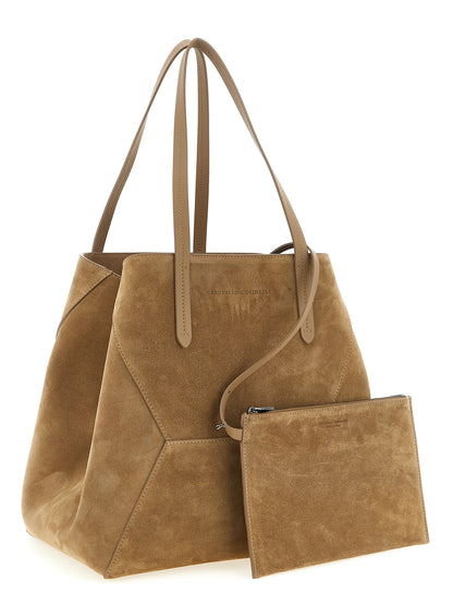 Shoulder Clutch Bag by Brunello Cucinelli for women in calfskin leather brown presents a statuesque silhouette, showcasing a secure snap, zipper & hook and statuesque with versatile shoulder-strap & handle for a sophisticated look.