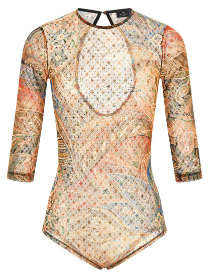 Bodysuit by Etro for women in polyamide multicolor, paisley, floral, signature & print features an amazing silhouette, showcasing a long-sleeve design and amazing crew neckline for a truly amazing fit.