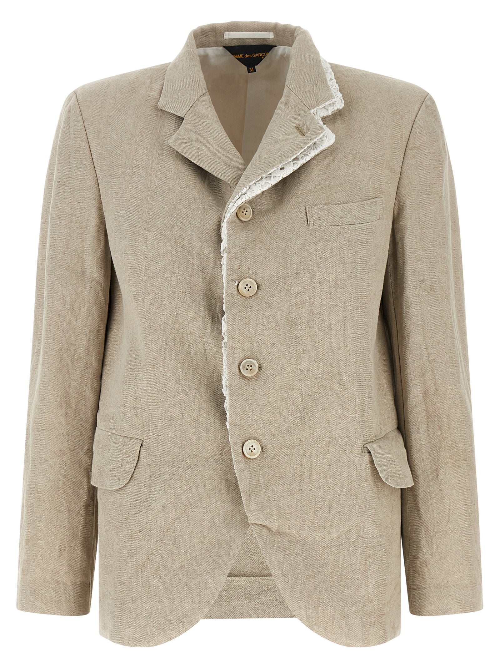 Blazer by Comme Des Garçons for women in linen & cotton beige & chevron showcases a discerning silhouette, elegantly detailed with a sophisticated lapel neckline and premium for a truly discerning finish.