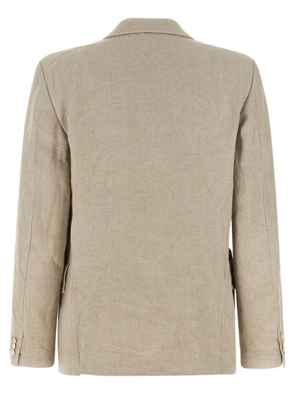 Blazer by Comme Des Garçons for women in linen & cotton beige & chevron presents a distinguished silhouette, detailed with a distinguished lapel neckline and distinctive for a truly sophisticated finish.
