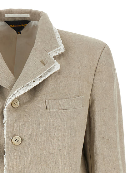 Blazer by Comme Des Garçons for women in linen & cotton beige & chevron features an crisp silhouette with sophisticated and a crisp lapel neckline for a truly crisp finish.