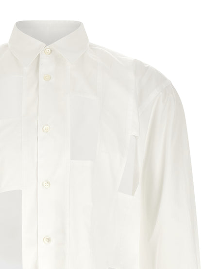 Shirt by Comme Des Garçons for men in pearl & white showcases a sleek silhouette, elegantly detailed with a sleek and for a sleek finish.