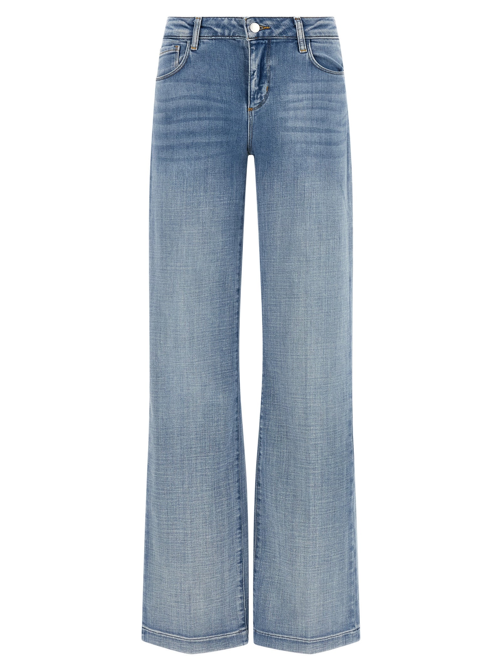 Jeans by L'Agence for women in stretch denim cotton polyester light-blue presents a refined pantology silhouette, artfully defined by a refined pantology straight-leg & wide, long, and a sophisticated low rise.
